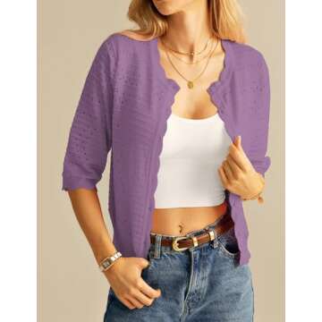 GRACE KARIN Women's 3/4 Sleeve Cropped Caridgan Sweater Button Up Summer Light Weight Crochet Cardigan Shrugs Purple