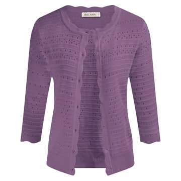 GRACE KARIN Women's 3/4 Sleeve Cropped Caridgan Sweater Button Up Summer Light Weight Crochet Cardigan Shrugs Purple