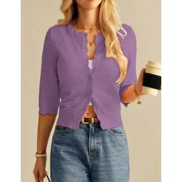 GRACE KARIN Women's 3/4 Sleeve Cropped Caridgan Sweater Button Up Summer Light Weight Crochet Cardigan Shrugs Purple