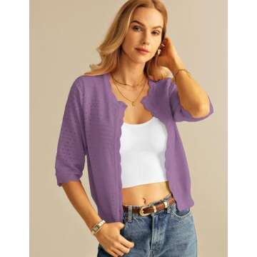 GRACE KARIN Women's 3/4 Sleeve Cropped Caridgan Sweater Button Up Summer Light Weight Crochet Cardigan Shrugs Purple