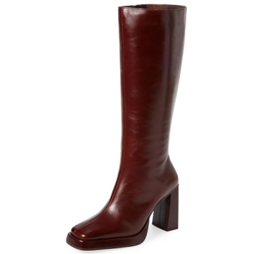 Dsevht Dark Red Leather Knee High Boots for Women Platform Chunky Block Heeled Burgundy Boots Square...
