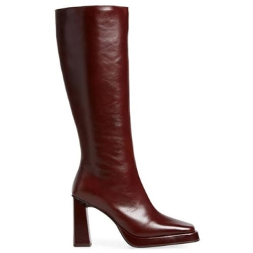 Chic Dsevht Dark Red Leather Knee High Boots for Women