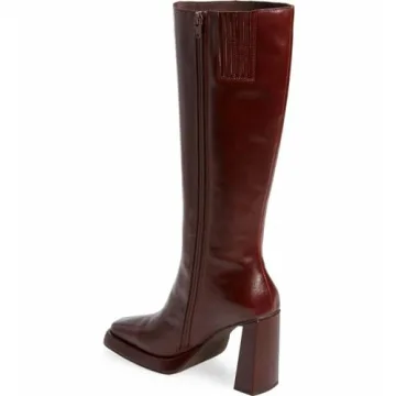 Chic Dsevht Dark Red Leather Knee High Boots for Women