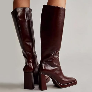 Chic Dsevht Dark Red Leather Knee High Boots for Women