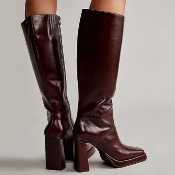 Chic Dsevht Dark Red Leather Knee High Boots for Women