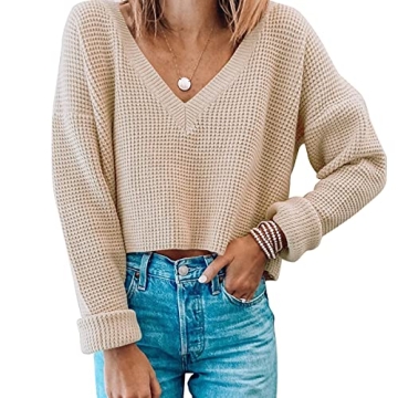 Jumppmile Womens V Neck Long Sleeve Tops Crop Waffle Knit Cropped Casual Loose Pullover Crop Sweater...