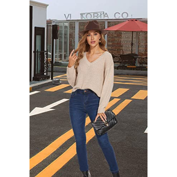 Jumppmile Womens V Neck Long Sleeve Tops Crop Waffle Knit Cropped Casual Loose Pullover Crop Sweater L Beige