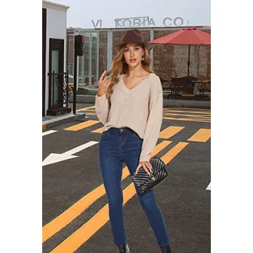 Jumppmile Womens V Neck Long Sleeve Tops Crop Waffle Knit Cropped Casual Loose Pullover Crop Sweater L Beige