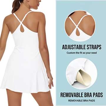Workout Tennis Dress for Women with Built-in Bra Shorts, Adjustable Shoulder Straps and Pockets White