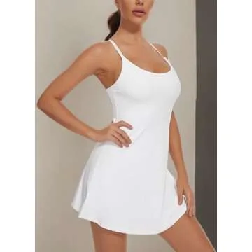 Workout Tennis Dress for Women with Built-in Bra Shorts, Adjustable Shoulder Straps and Pockets White