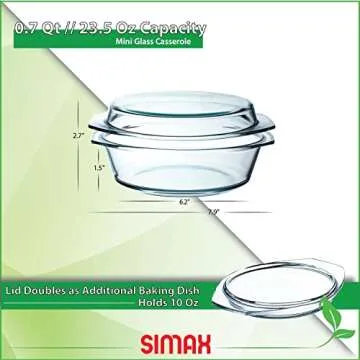 Simax Casserole Dish With Lid, 24 Ounce Round Glass Cookware, Oven and Microwave Safe Borosilicate Glass, Made In Europe 0.75 Qt
