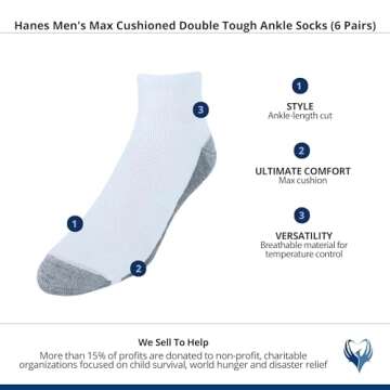 Hanes mens Hanes Men's Socks, 6-pair Pack Max Cushion Ankle, White/Grey Foot Bottom, 6 12 US