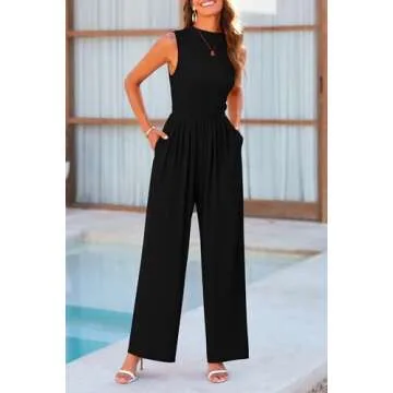 PRETTYGARDEN Womens Summer Jumpsuits Dressy Casual One Piece Outfits Sleeveless Mock Neck Wide Leg Pants Rompers with Pockets (Black,Large)