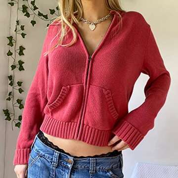 Faretumiya Women Zip Up Long Sleeve Crop Hooded Tops Ribbed Knit Cropped Hoodie Jacket Y2k Cute Sweater Pullover(Knitted Red Pink,S)