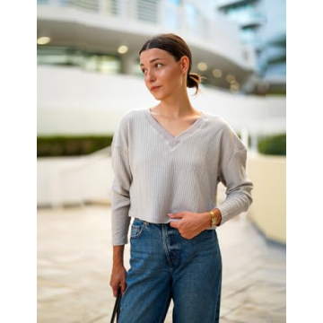 Zeagoo Women Long Sleeve V Neck Waffle Cropped Top