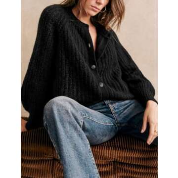 Bianstore Women's Casual Long Sleeve Crewneck Button Down Cardigan Sweater Knit Outwear(Black-S)