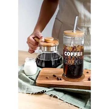 Iced Coffee Mason Jar Cup, Iced Coffee Mason Jar Cups with Lids and Straws, Iced Coffee Glasses Cup, 24oz Wide Mouth Mason Jar Drinking Glasses, Smoothie Cups, Reusable Cup Iced Coffee Cups