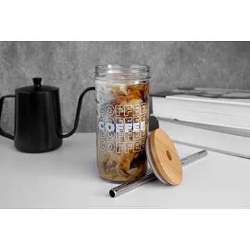 Iced Coffee Mason Jar Cup, Iced Coffee Mason Jar Cups with Lids and Straws, Iced Coffee Glasses Cup, 24oz Wide Mouth Mason Jar Drinking Glasses, Smoothie Cups, Reusable Cup Iced Coffee Cups