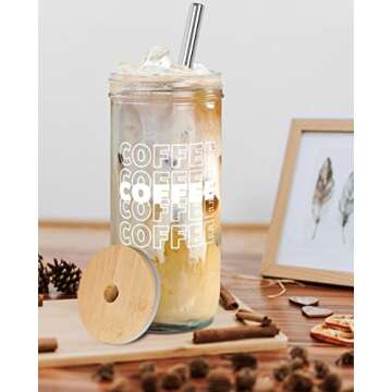 Iced Coffee Mason Jar Cup, Iced Coffee Mason Jar Cups with Lids and Straws, Iced Coffee Glasses Cup, 24oz Wide Mouth Mason Jar Drinking Glasses, Smoothie Cups, Reusable Cup Iced Coffee Cups
