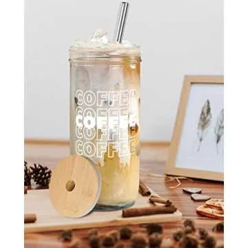 Iced Coffee Mason Jar Cup, Iced Coffee Mason Jar Cups with Lids and Straws, Iced Coffee Glasses Cup, 24oz Wide Mouth Mason Jar Drinking Glasses, Smoothie Cups, Reusable Cup Iced Coffee Cups