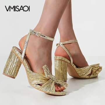 VIMISAOI Womens High Block Chunky Heel Sandals Fashion Open Toe Ankle Buckle Strap Pleated Bow Heel Sandals Wedding Dress Shoes Pumps