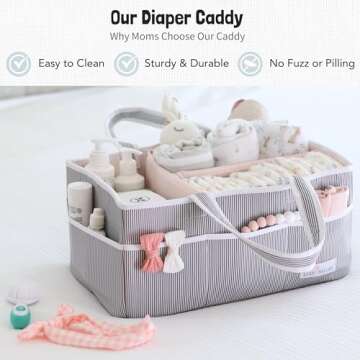 Lily Miles Baby Diaper Caddy Organizer, Girl Nursery Storage Basket with 8 Pockets, Baby Organizer and Storage, Easy-to-Clean Fabric, Large, Pink Blush
