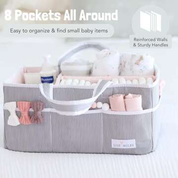 Lily Miles Baby Diaper Caddy Organizer, Girl Nursery Storage Basket with 8 Pockets, Baby Organizer and Storage, Easy-to-Clean Fabric, Large, Pink Blush