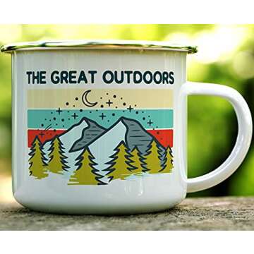 The Great Outdoors Enamel Campfire Coffee Mug, Mountain Hiking Adventure Camp Cup, Wildlife Nature C...