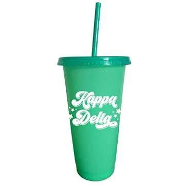 Sorority Shop Kappa Delta Glitter Color Changing Cups, 4-Pack Reusable Cups with Lids and Straws
