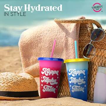 Sorority Shop Kappa Delta Glitter Color Changing Cups, 4-Pack Reusable Cups with Lids and Straws