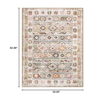 Wonnitar Boho Washable 5x7 Rugs, Moroccan Trellis Living Room Area Rug, Non-Slip Large Rug for Bedroom, Non-Shedding Western Ultra-Thin Floor Carpet for Kitchen Closet Dorm (Khaki/Multi,5'x7')