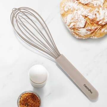 GreenPan Silicone Whisk, Mixing Blending Beating Stirring Cooking Kitchen Utensil, Flexible Rubber Nonstick Cookware, Rigid Steel Core, Heat-Resistant, Anti-Slip Handle BPA-Free Dishwasher Safe, Taupe