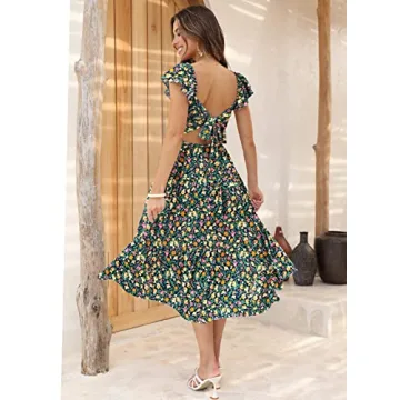 DOROSE Women's Summer Floral Dresses Ruffle Sleeve Smocked Square Neck Beach Wedding Guest Dresses Navy L
