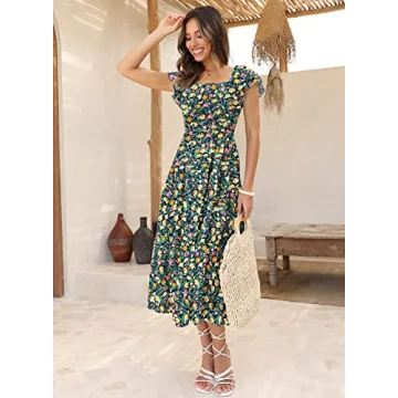 DOROSE Women's Summer Floral Dresses Ruffle Sleeve Smocked Square Neck Beach Wedding Guest Dresses Navy L