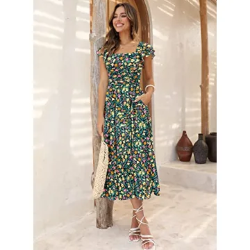 DOROSE Women's Summer Floral Dresses Ruffle Sleeve Smocked Square Neck Beach Wedding Guest Dresses Navy L