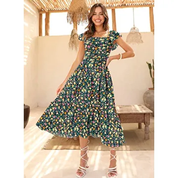 DOROSE Women's Summer Floral Dresses Ruffle Sleeve Smocked Square Neck Beach Wedding Guest Dresses Navy L