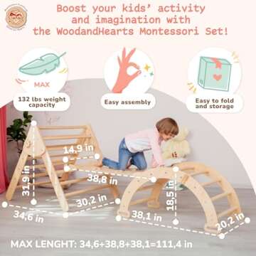 WoodandHearts Triangle Set of three items Wooden toys Climbing triangle Montessori Climbing toys for Toddlers Triangle with ramp Activity gym Baby Climbing triangle set (Large)