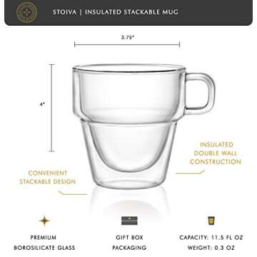 JoyJolt Stoiva Double Wall Insulated Coffee Mugs – 11.5 oz Glasses Set with Handle, Ideal for Hot ...