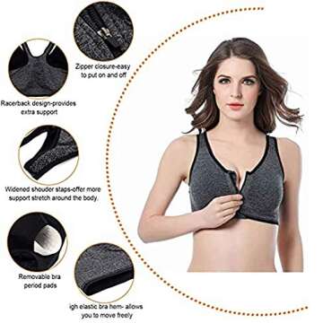 Women's Zip Front Sports Bra Wireless Post-Surgery Bra Zipper Closure Bras Padded Surgical Bra Racerback Workout Bras Active Yoga Sports Bra (XL:Fit 36D,36DD,38C,38D,40B,40C, 3 pack(Black+White+Grey))