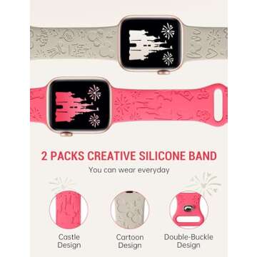 Girovo 2 Packs Cartoon Engraved Band Compatible with Apple Watch Band 38mm 40mm 41mm 42mm 44mm 45mm 46mm 49mm Women, Cute Designer Soft Silicone Strap for iWatch 10/9/8/7/6/5/4/3/2/1/SE/Ultra/Ultra2