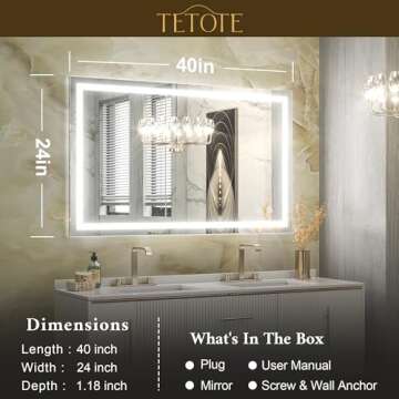 TETOTE 40 x 24 LED Bathroom Mirror LED Mirror Vanity Makeup Mirror Dimmable Anti-Fog Bathroom Lighted Mirror Wall Mounted Bathroom Decor Waterproof, Tempered Glass