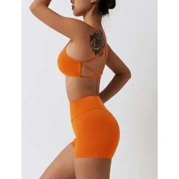ABOCIW Sports Bras for Women Strappy Criss Cross Back Backless Yoga Bra Scrunch Butt liftings High Waist Biker Shorts 2 Piece Workout Sets Bra + Shorts Orange Medium