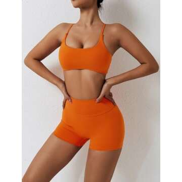 ABOCIW Sports Bras for Women Strappy Criss Cross Back Backless Yoga Bra Scrunch Butt liftings High Waist Biker Shorts 2 Piece Workout Sets Bra + Shorts Orange Medium