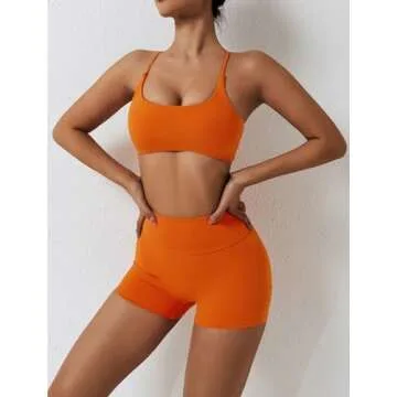 ABOCIW Sports Bras for Women Strappy Criss Cross Back Backless Yoga Bra Scrunch Butt liftings High Waist Biker Shorts 2 Piece Workout Sets Bra + Shorts Orange Medium