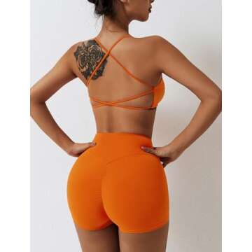ABOCIW Sports Bras for Women Strappy Criss Cross Back Backless Yoga Bra Scrunch Butt liftings High Waist Biker Shorts 2 Piece Workout Sets Bra + Shorts Orange Medium