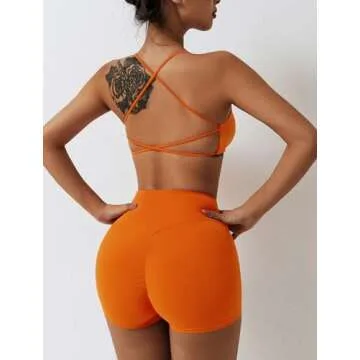 ABOCIW Sports Bras for Women Strappy Criss Cross Back Backless Yoga Bra Scrunch Butt liftings High Waist Biker Shorts 2 Piece Workout Sets Bra + Shorts Orange Medium