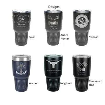 Groomsman 30 ounce Tumbler in Sets of 4 to 15 made of Stainless Steel Custom Engraved with a Clear Lid including Choices of Color, Design, Straw, Thank You Message and Spill Proof Slide Lid