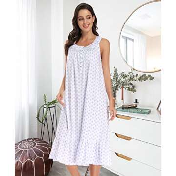 IZZY + TOBY 100% Cotton Nightgowns for Women Soft Ladies Gowns Sleepwear Long Sleeveless Nightgown Print Blue S
