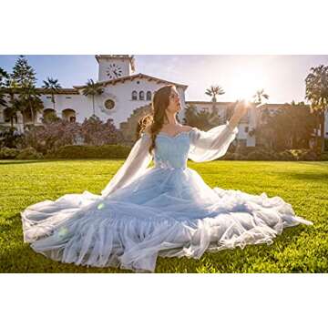 Tulle Off Shoulder Court Train Prom Dress Long Sweetheart Puff Sleeves Wedding Gown with Lace Up White US6