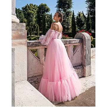 Tulle Off Shoulder Court Train Prom Dress Long Sweetheart Puff Sleeves Wedding Gown with Lace Up White US6